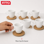 60 Pieces Ceramic Tea and Coffee Cups with Round Ring Handles and Wooden Saucers, White and Natural Wood, 6 Pieces