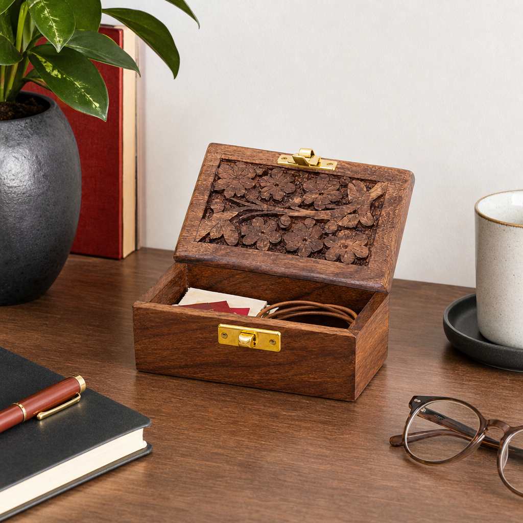 120 Pieces Wooden Rectangular Storage Box, 5 x 3 Inch, Brown Carved Keepsake Organizer with Front Clasp