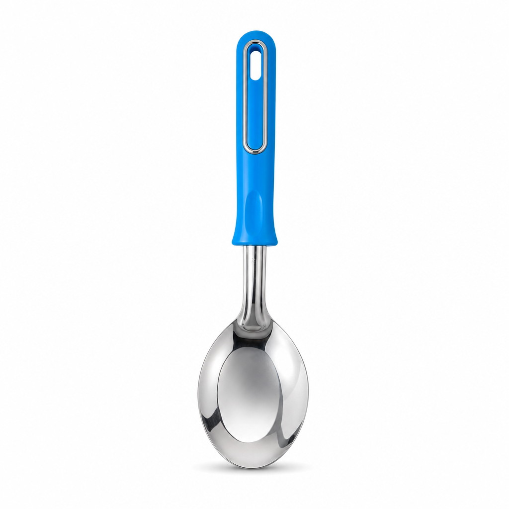 144 Pieces Stainless Steel Serving Spoon with Blue Plastic Handle, 30 cm, 1 Piece