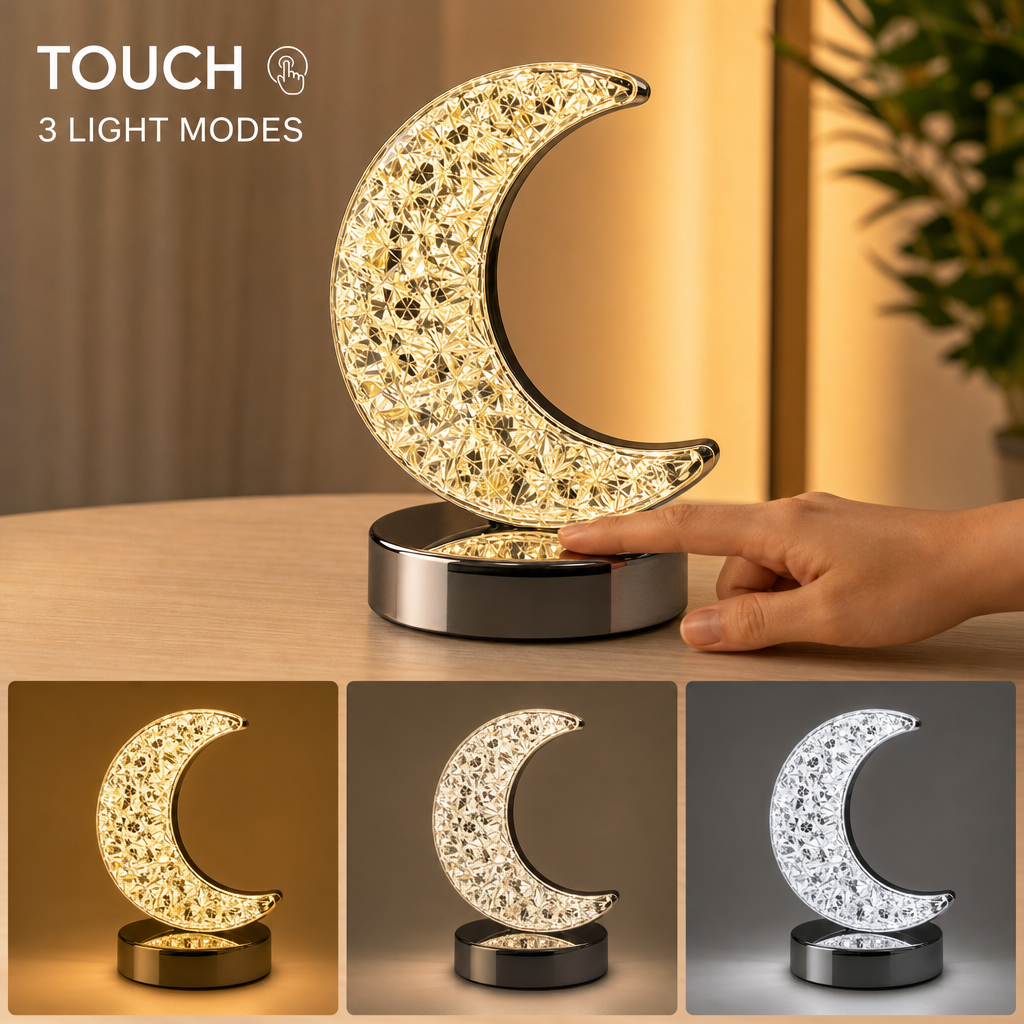 96 Pieces White LED Crystal Crescent Moon Table Lamps with 3 Light Modes, Touch Switch and USB Charging, 1 Piece