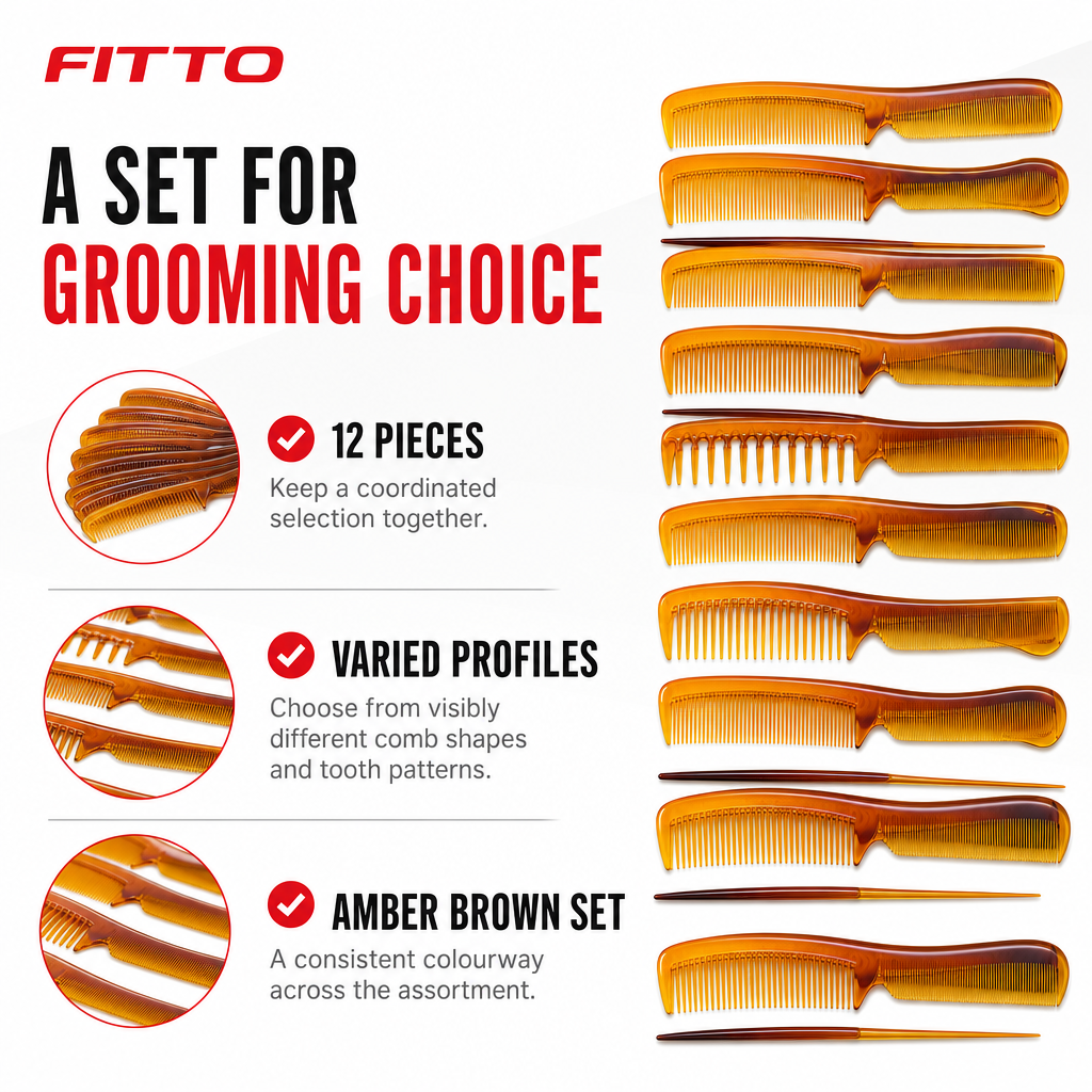 96 Pieces Hair Combs Set, Amber Brown, 12-Piece Assorted Grooming and Styling Combs