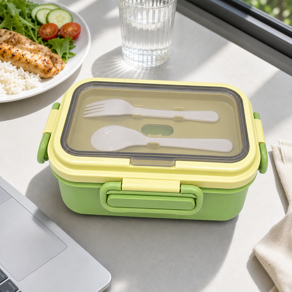 96 Pieces Rectangular Lunch Box with Locking Lid, Yellow and Green Plastic Food Storage Containers, 1 Piece, 22 x 16 x 9 cm