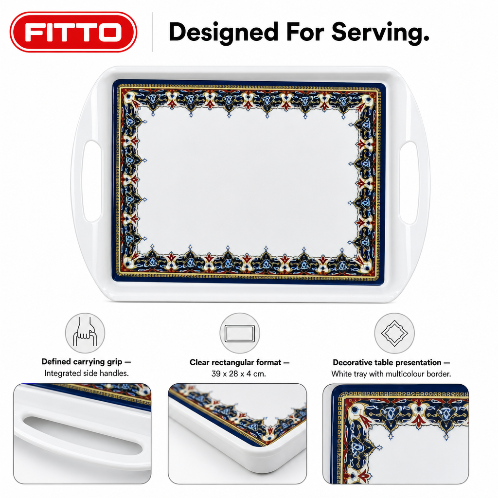 96 Pieces Melamine Rectangular Serving Trays with Handles, White, 15 Inch, Decorative Border