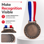 144 Pieces Plain Sports Medal with Red White Blue Ribbon, Bronze Award Recognition
