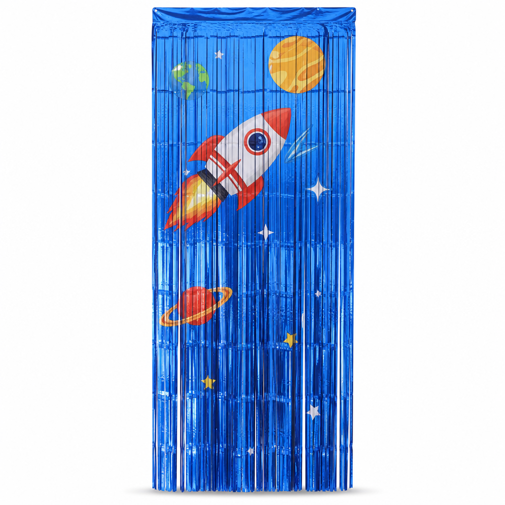 144 Pieces Space Happy Birthday Foil Fringe Curtain Backdrop, 2 m