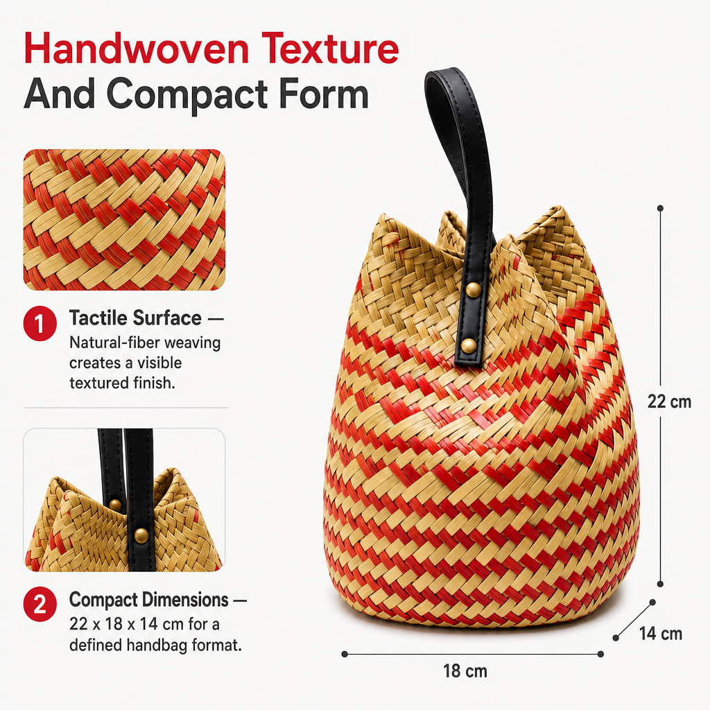 72 Pieces Handwoven Natural Fiber Bucket Handbags, Red and Cream Striped, 22 x 18 x 14 cm