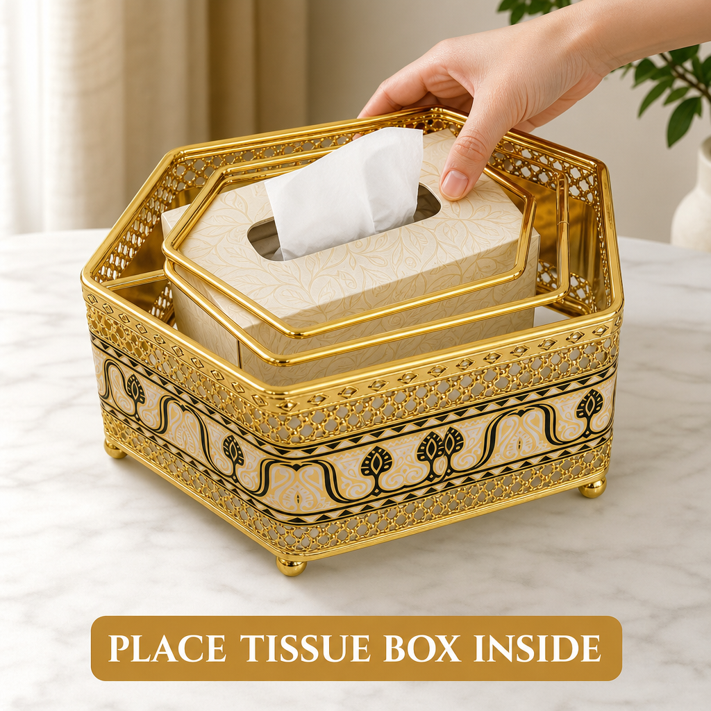 96 Pieces Decorative Hexagonal Tissue Box Holder, Gold and Cream, 1 Piece