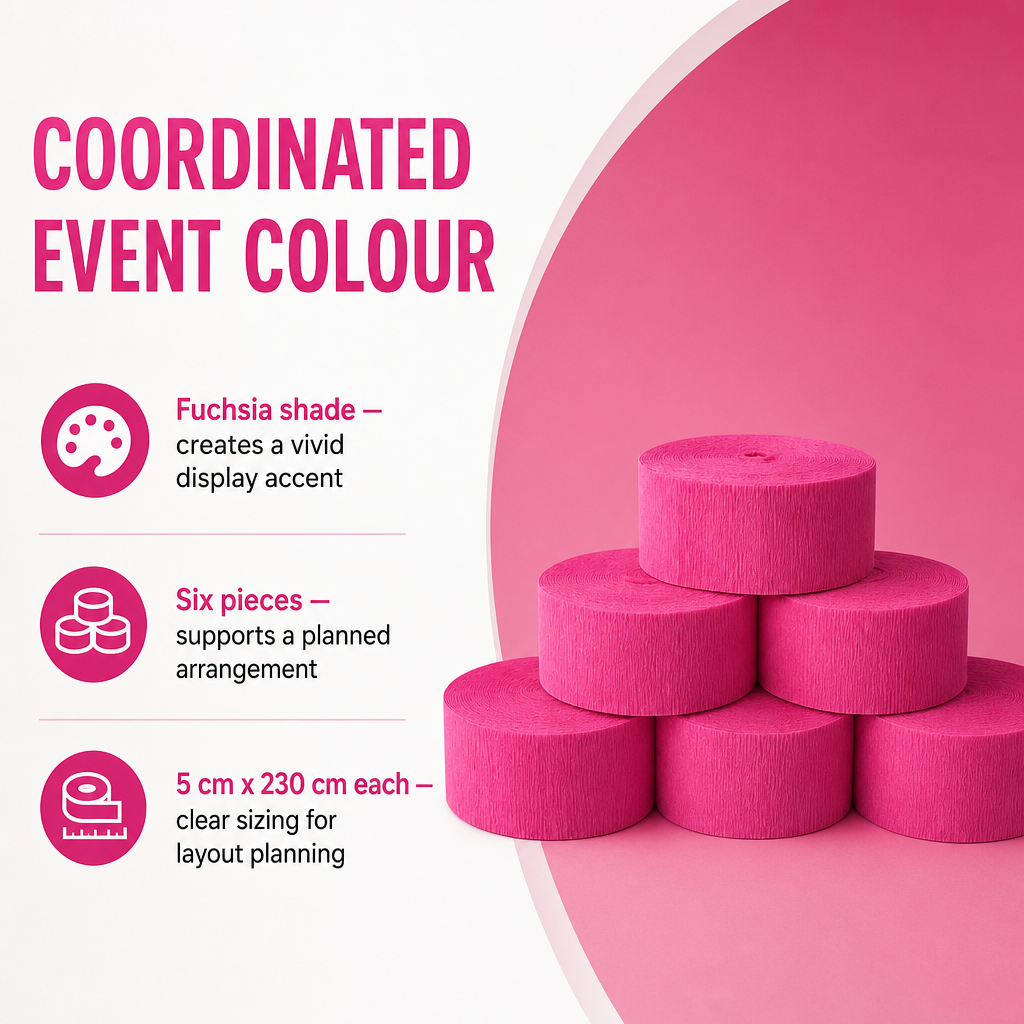 144 Pieces Paper Party Decorations Streamers, Fuchsia, 5 cm x 230 cm, 6 Pieces