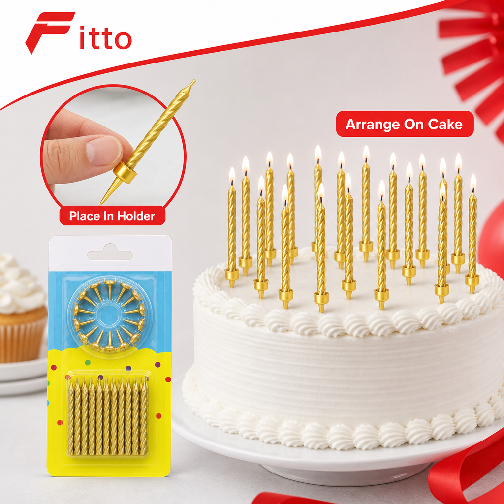 144 Pieces Gold Cake Candles with Holders, 24 Pieces, Party Decoration Set for Cakes and Desserts