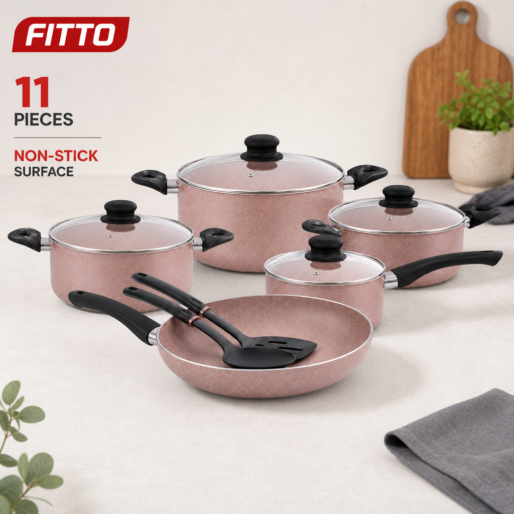 48 Pieces 11-Piece Non-Stick Cookwares Set, Almondine Pots and Pans for Everyday Cooking