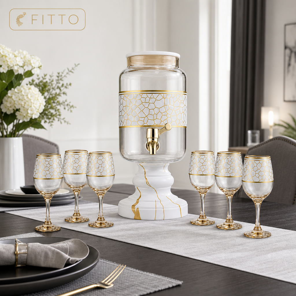 48 Pieces Glass Beverage Dispensers Jug and Tumbler Set, Clear and Gold, 7 Pieces