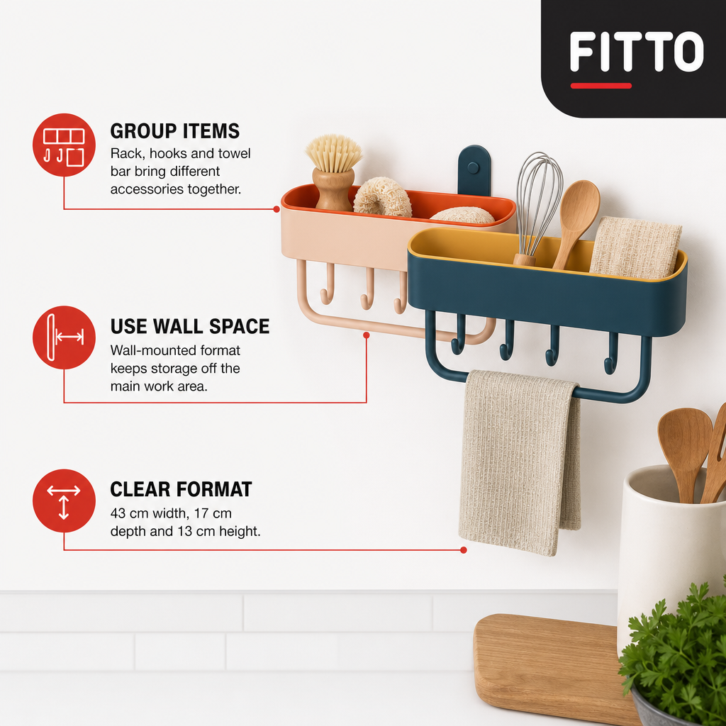 96 Pieces Wall-Mounted Multipurpose Kitchen Rack with Hooks and Towel Bar, 43 cm Organizer for Utensils and Towels