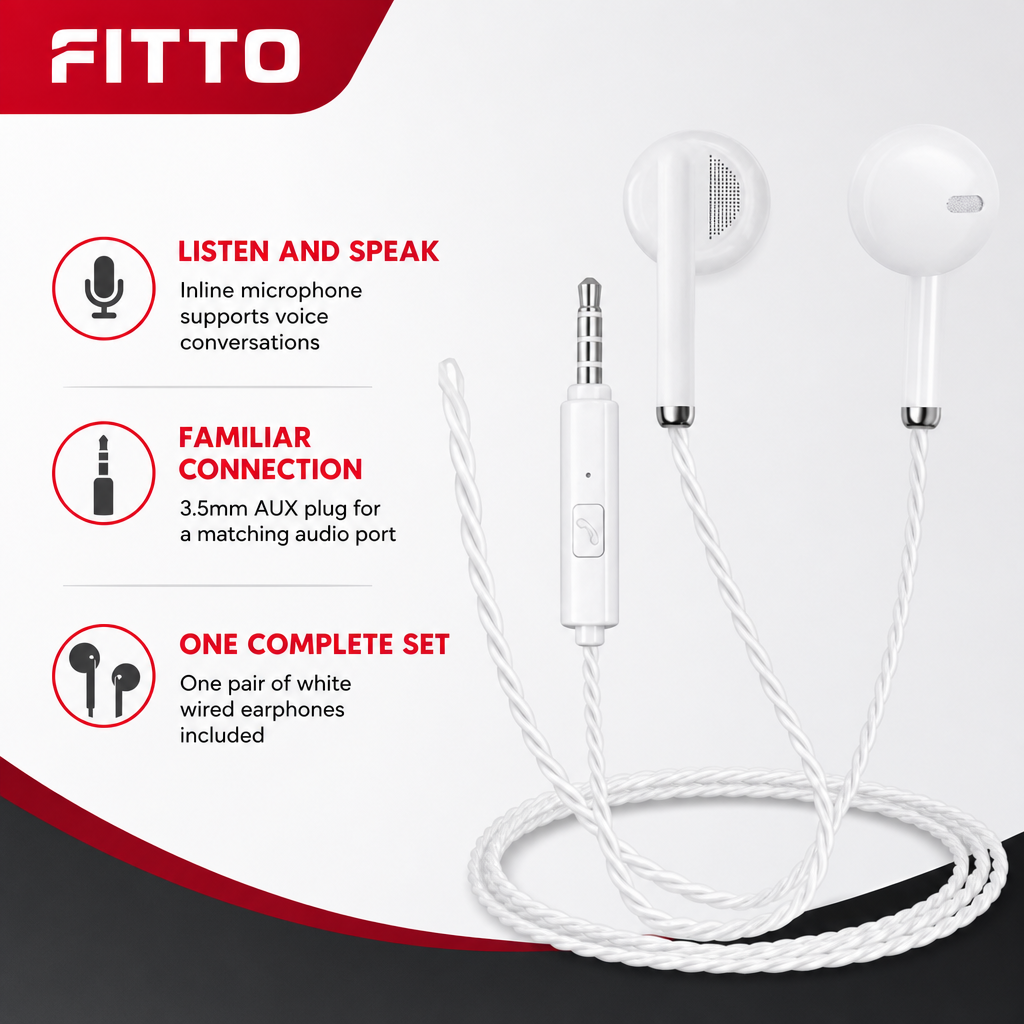 144 Pieces Wired HiFi Earphones with Inline Microphone, 3.5mm AUX Plug, White