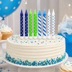 144 Pieces Blue Tone Assorted Printed Birthday Candles, 8 Candles with 8 Holders for Cake Decoration