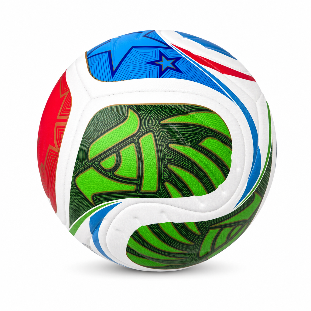 60 Pieces Size 5 Football, White with Blue, Green and Red Curved Panel Design, Single Piece