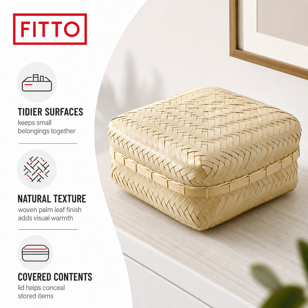 96 Pieces Woven Palm Leaf Storage Box with Lid, Natural Finish, 20 x 20 x 11 cm