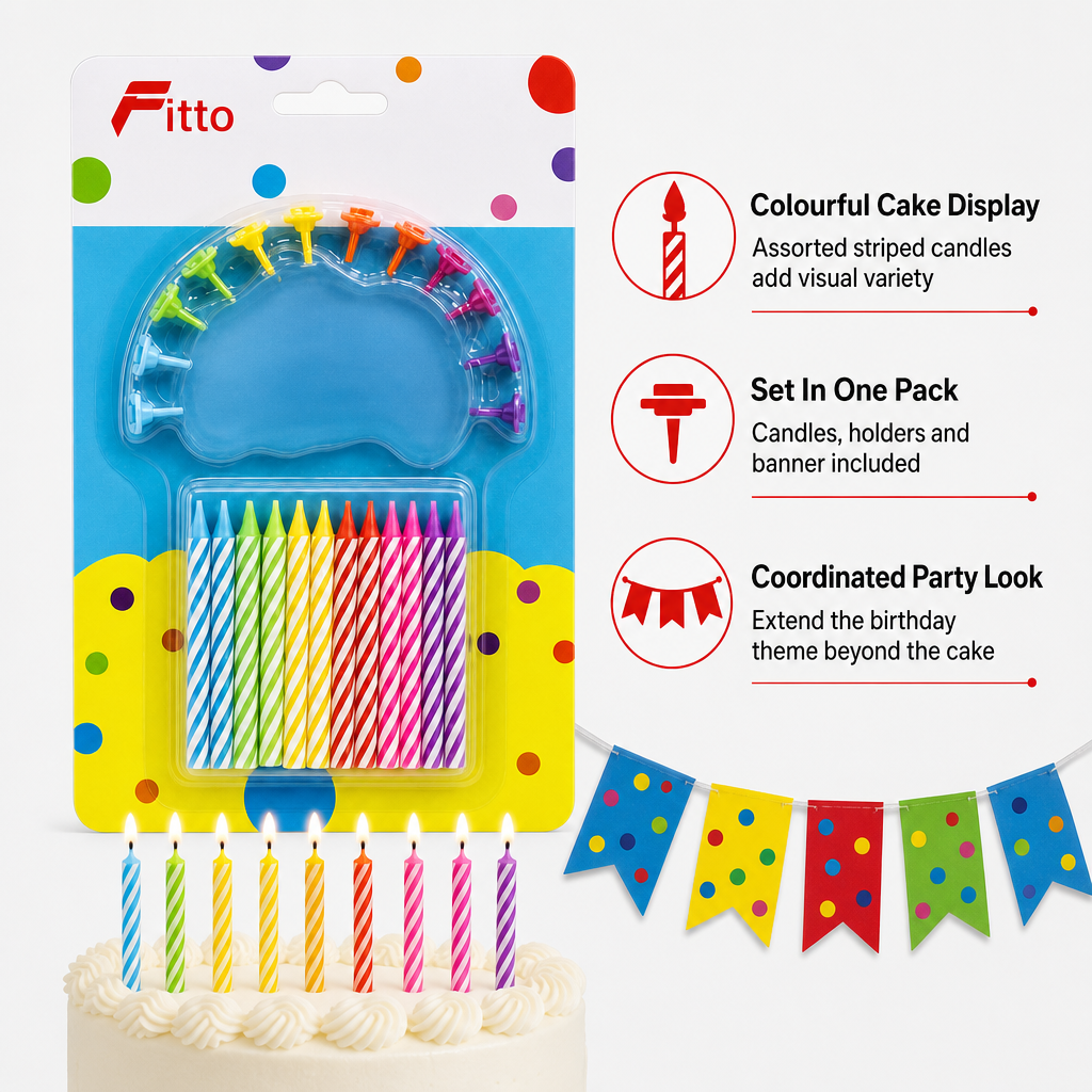 144 Pieces Birthday Candle Set, Assorted Colour, 12 Jumbo Candles, 12 Holders and Banner, 1 Set