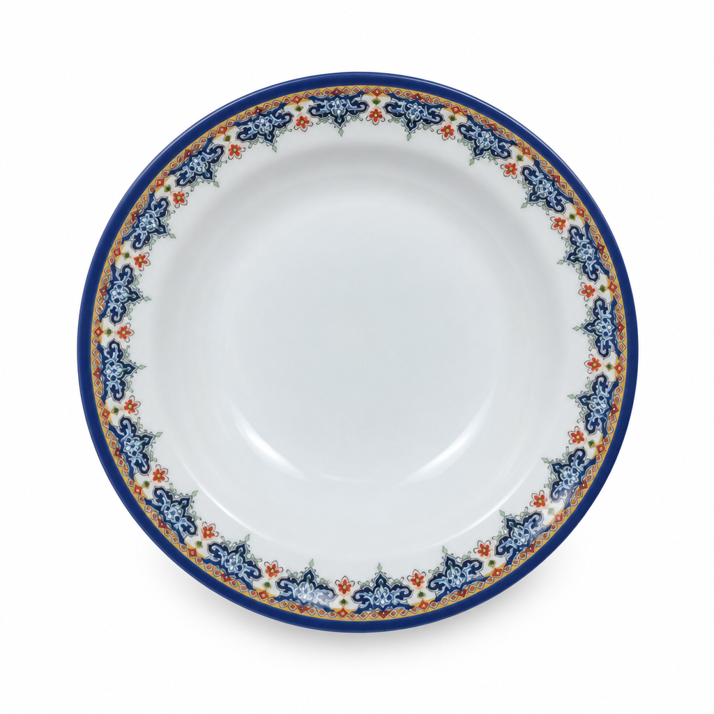 144 Pieces Melamine Dinner Plate, Round 6 Inch, White With Decorative Multicolor Rim