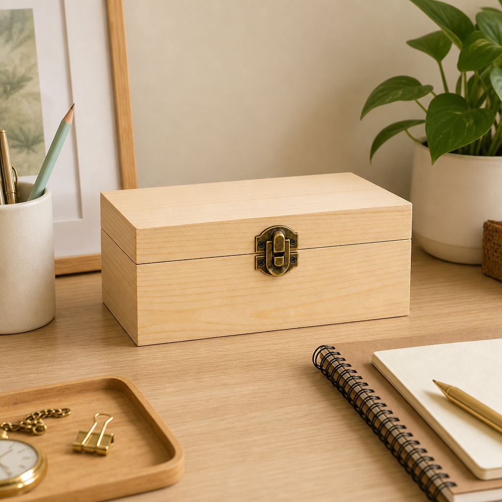 96 Pieces Wooden Storage Box, Rectangular Keepsake Organizer with Front Clasp, 10 x 6 Inch, Natural Wood, 1 Piece