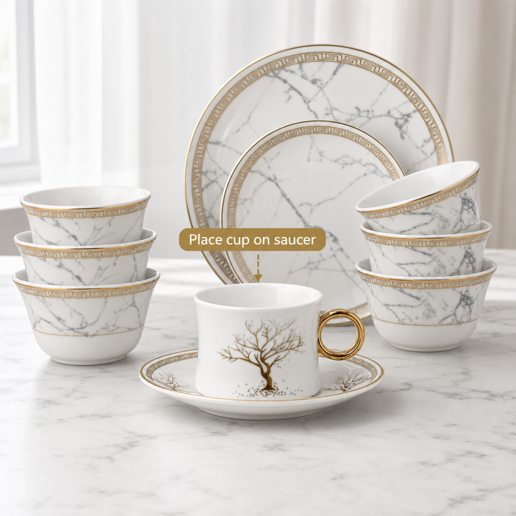 96 Pieces Ceramic Cup and Saucer Set, White and Gold, 12 Pieces