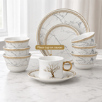 96 Pieces Ceramic Cup and Saucer Set, White and Gold, 12 Pieces