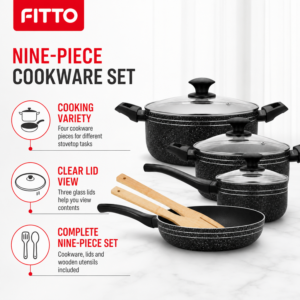 48 Pieces 9-Piece Non-Stick Cookwares Set with Glass Lids and Wooden Utensils, Black Granite