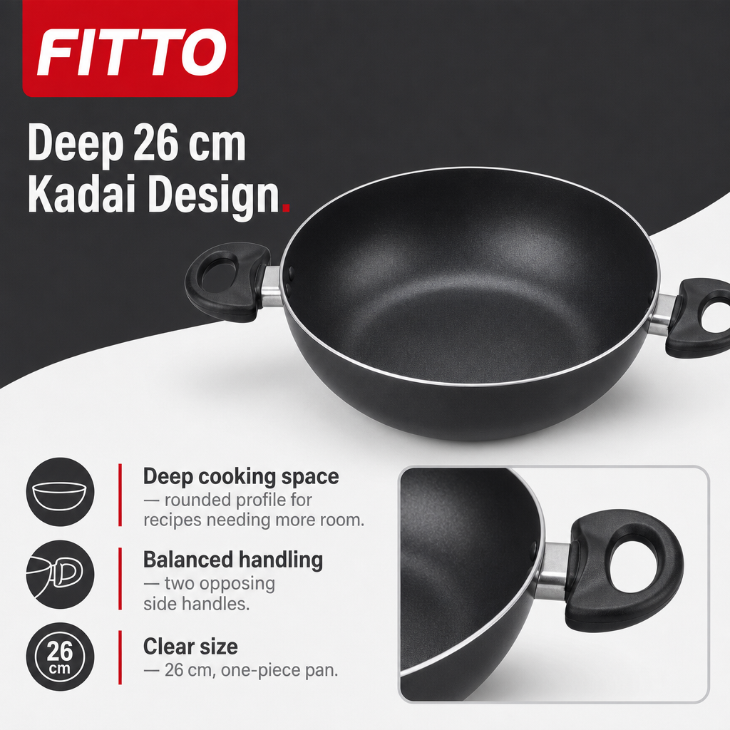 72 Pieces Non-Stick Kadai Deep Frying Pan with Dual Handles, 26 cm, Black, 1 Piece
