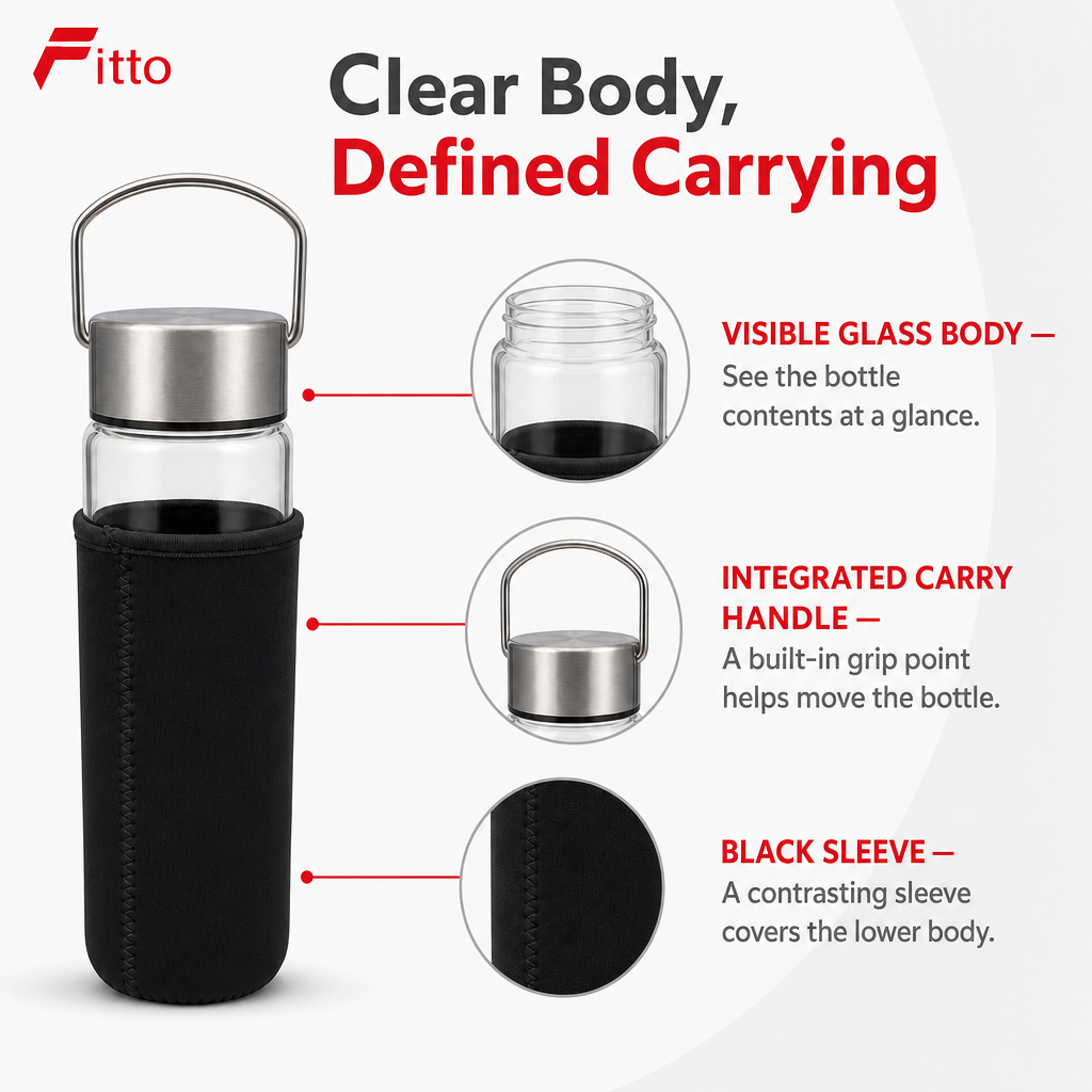 96 Pieces Glass Water Bottle with Black Sleeve, Metal Cover and Carry Handle