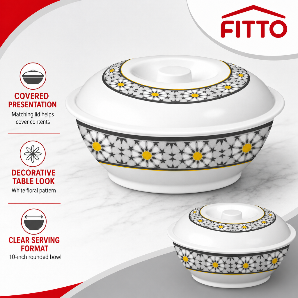 96 Pieces Melamine Lidded Serving Bowl, 10 Inch, White Floral Pattern