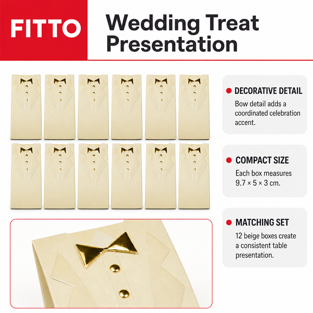 96 Pieces Beige Wedding Candy Boxes with Decorative Bow Detail, 9.7 × 5 × 3 cm, 12 Pieces