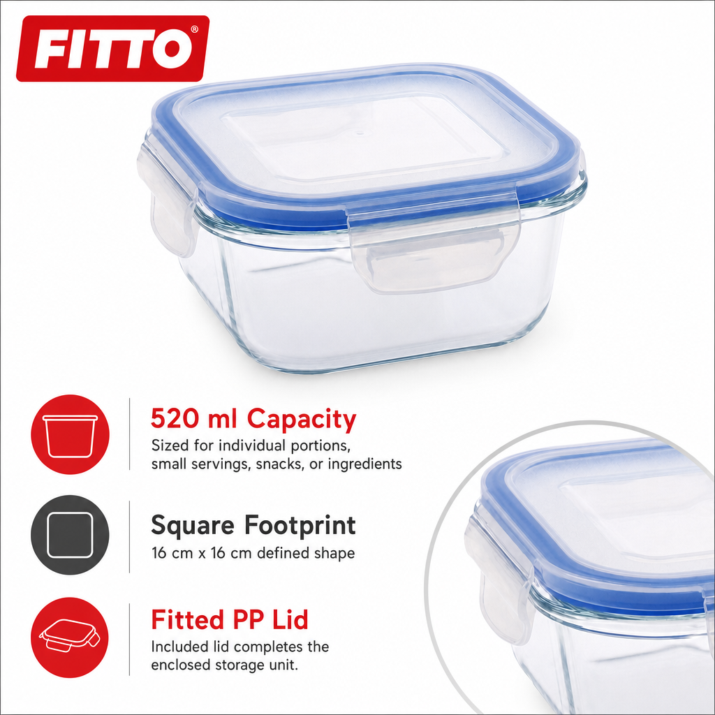 96 Pieces Square Glass Food Container with PP Lid, 520 ml