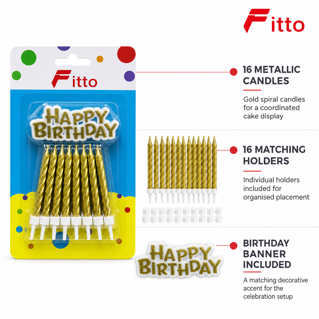 120 Pieces Gold Metallic Birthday Candle Set, 16 Spiral Candles, 16 Holders and Birthday Banner