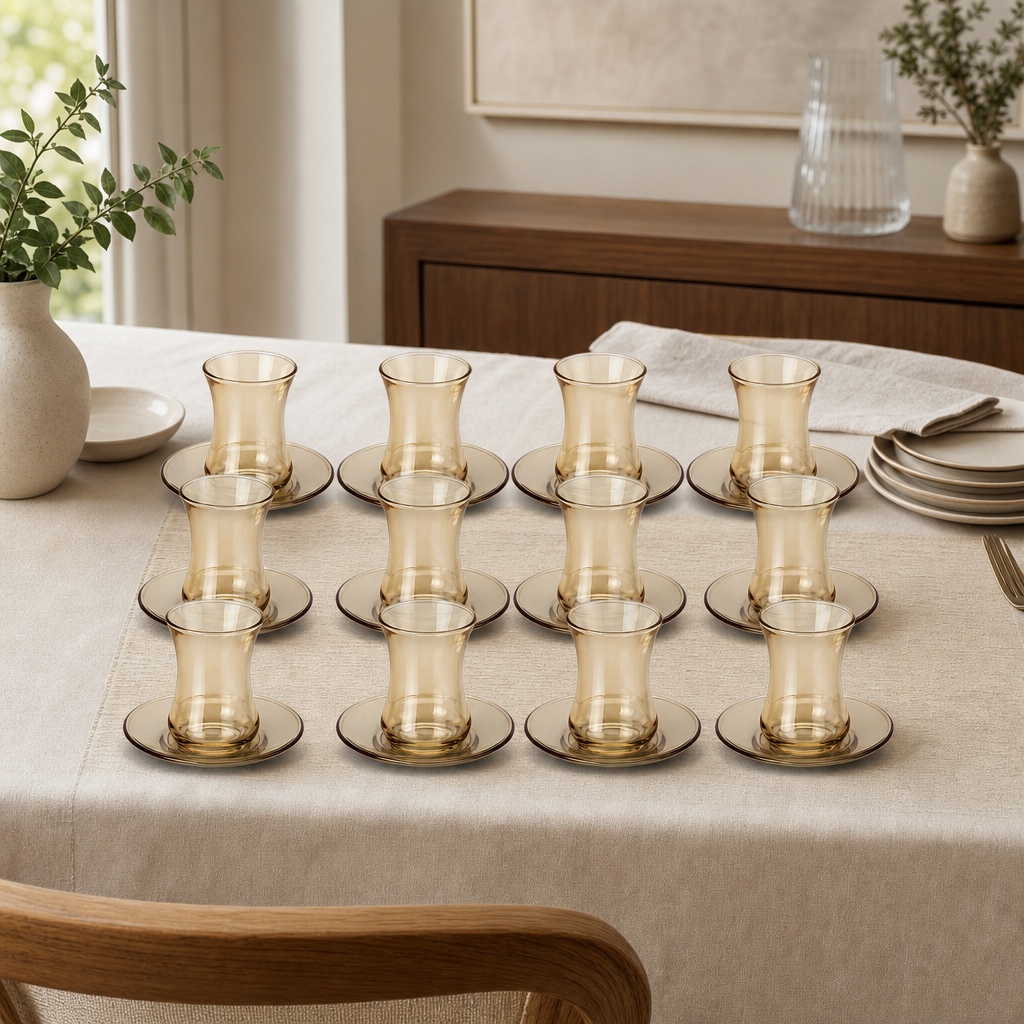 60 Pieces Glass Tea Cup and Saucer Set, Gold Tint, 12 Pieces