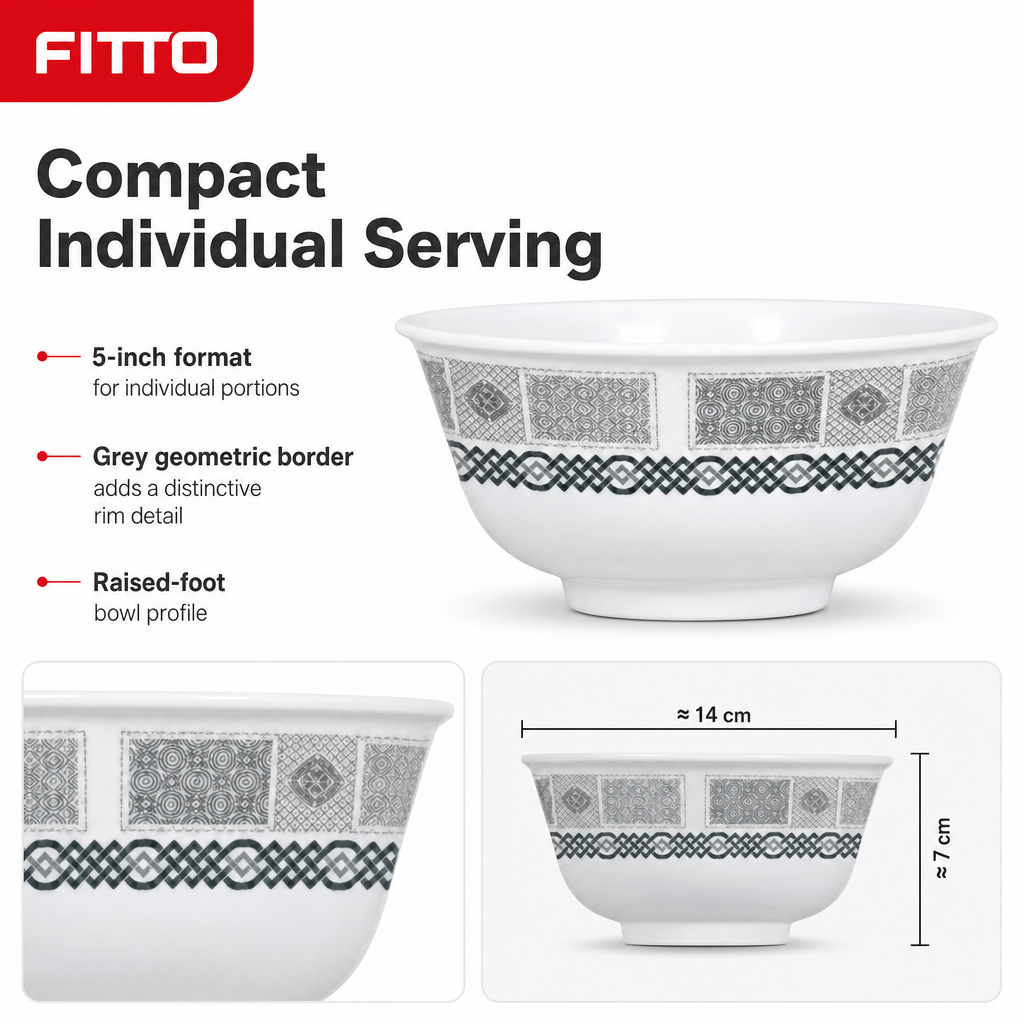 120 Pieces Melamine Rice Bowl, 5 Inch, Grey Geometric Border, Single Bowl