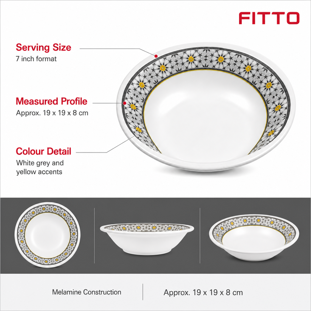 96 Pieces Melamine Salad Bowl, 7 Inch, White and Grey with Yellow Accents