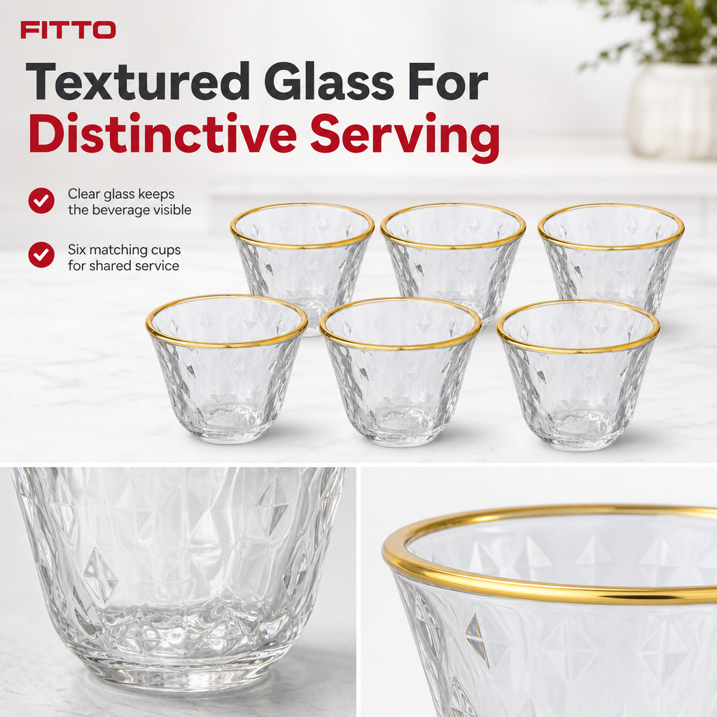 96 Pieces Clear Glass Cawa Cups with Gold-Tone Rims and Textured Design, 6 Pieces
