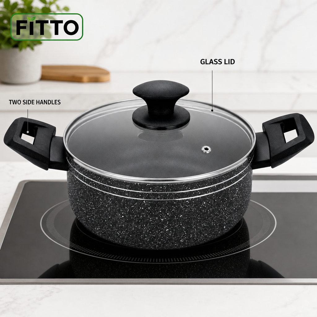 48 Pieces Pressed Aluminium Induction Casserole with Glass Lid, 32 x 15 cm, Black