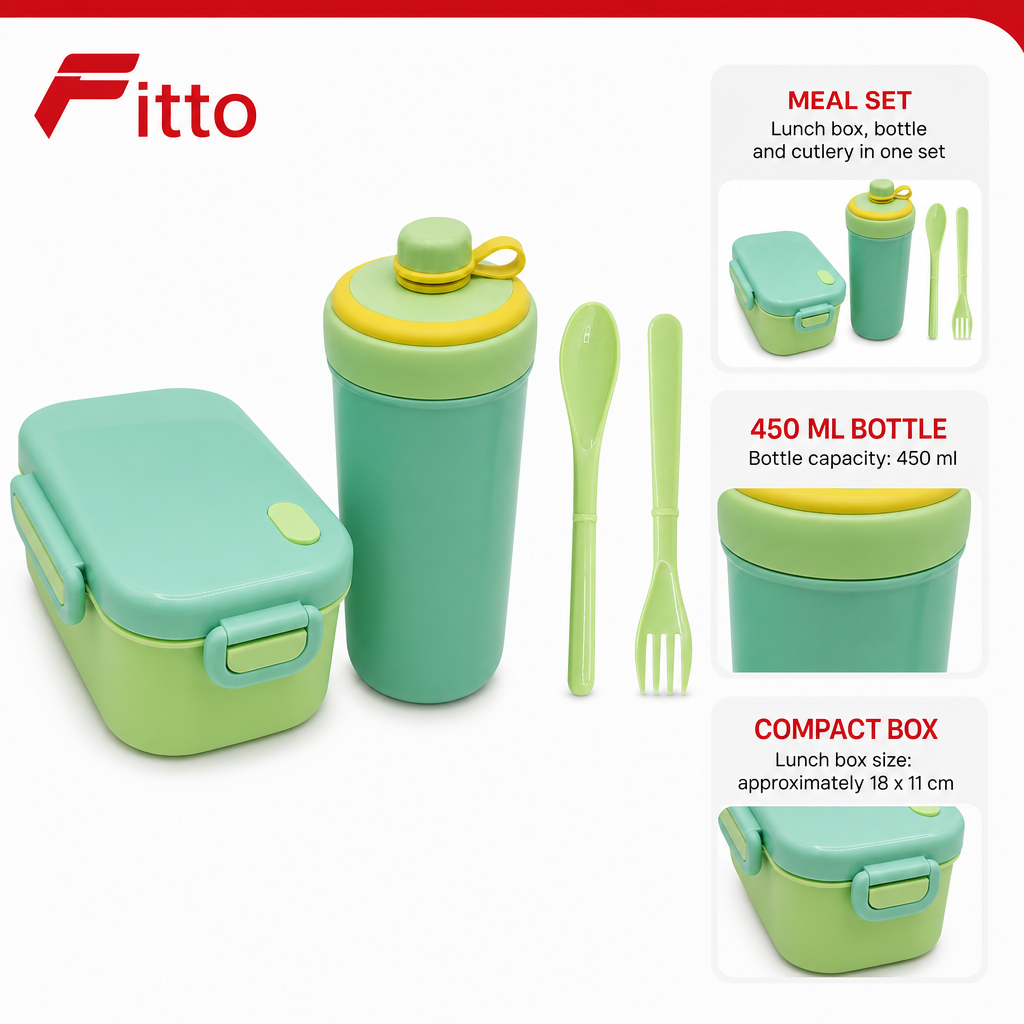 96 Pieces Lunch Box Set with 450 ml Bottle and Cutlery, Assorted Colour Plastic Rectangular, 1 Set
