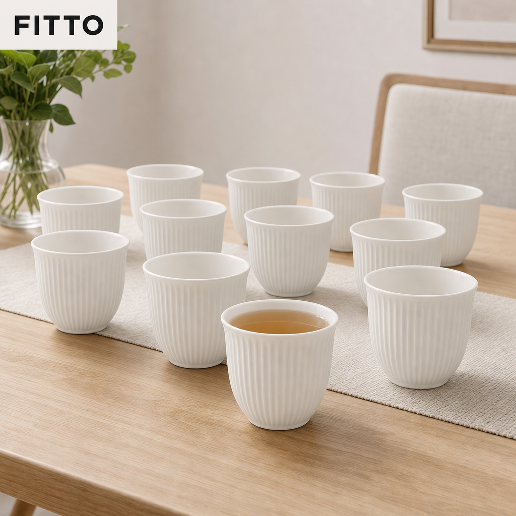 96 Pieces Ceramic Cup Set, White, 12 Pieces, Ribbed Drinkware for Home Dining
