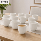 96 Pieces Ceramic Cup Set, White, 12 Pieces, Ribbed Drinkware for Home Dining