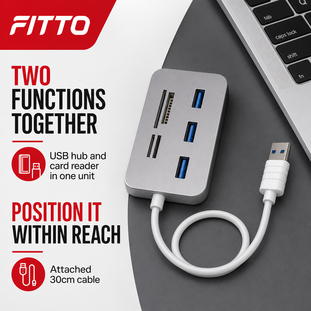 96 Pieces USB 3.0/3.1 Hub with Card Reader and 30cm Cable for Computer Peripherals