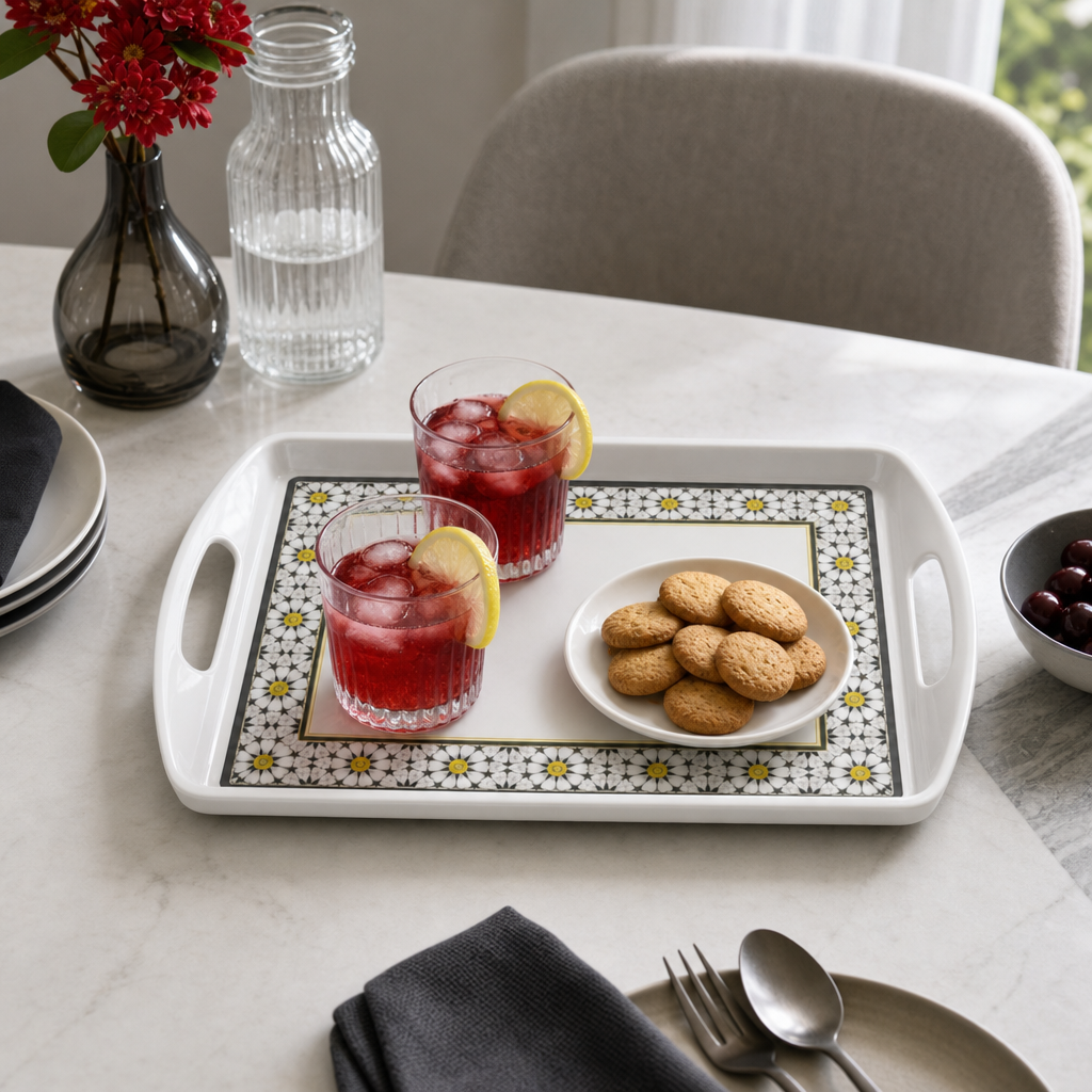 96 Pieces Melamine Rectangular Serving Trays with Dual Handles, 15 Inch, White and Grey with Yellow Accents