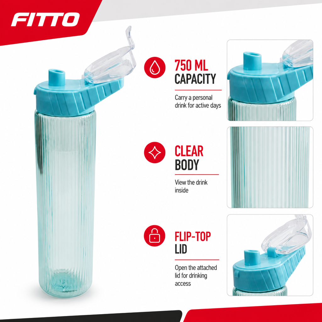 144 Pieces Sports Water Bottles 750 ml Clear Plastic Flip-Top Lid Assorted Colour