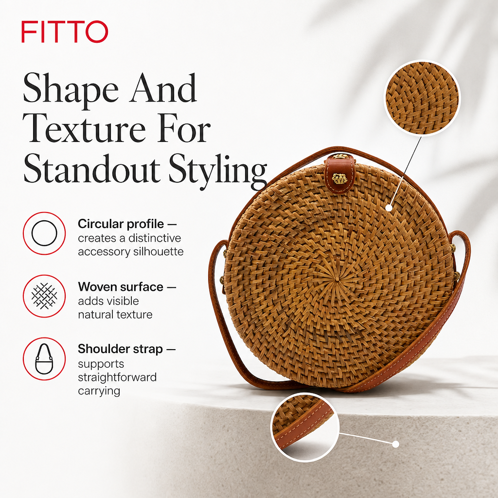 60 Pieces Round Woven Rattan Shoulder Bag, Tan, 22 x 7 x 22 cm
