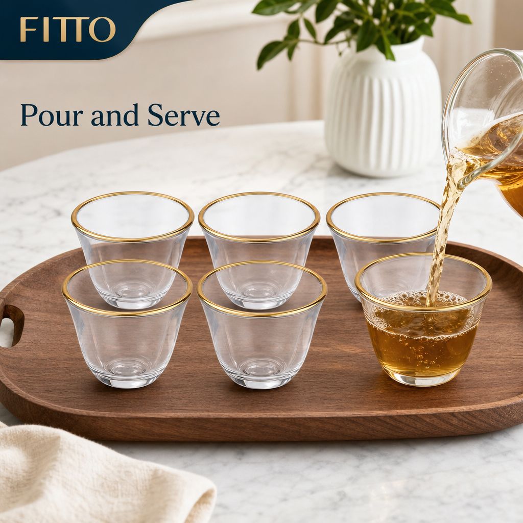 96 Pieces Clear Glass Cawa Cups with Gold-Tone Rims, Rounded Design, 6-Piece Drinkwares Set