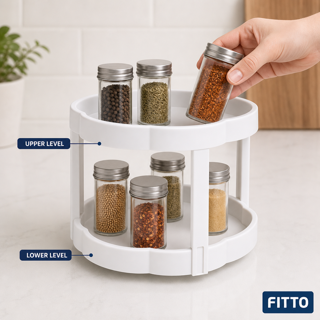 96 Pieces Spice Racks, Round Two-Tier Kitchen Organiser, White, 29 x 29 x 20 cm