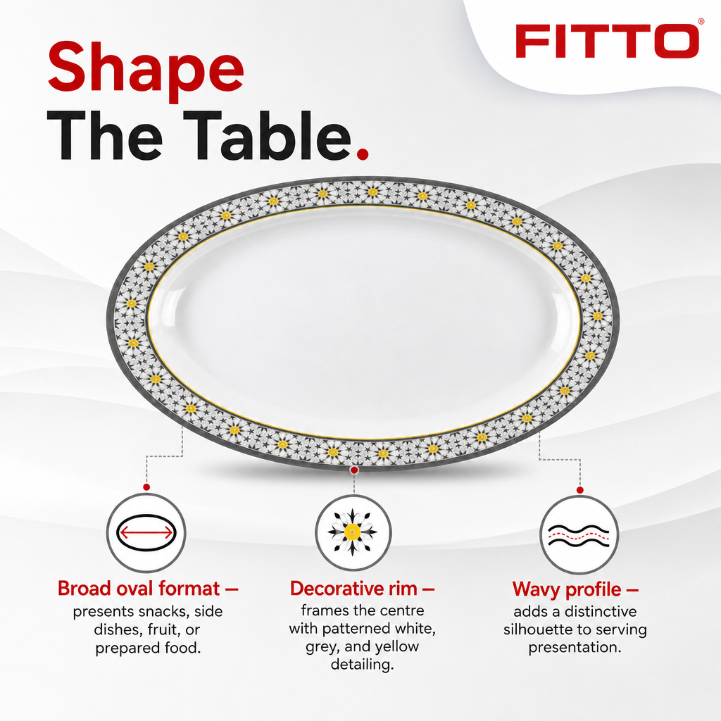 96 Pieces Melamine Wavy Oval Serving Plate, 14 Inch, White and Grey with Yellow Accents