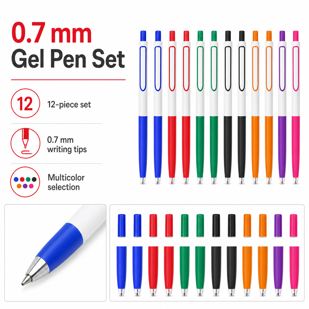 72 Pieces Gel Pens 0.7 mm, Multicolor Ink, 12 Pieces