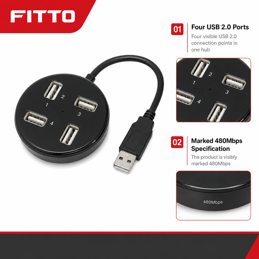 96 Pieces 4-Port USB 2.0 Hub, 480Mbps Data Transfer, Black