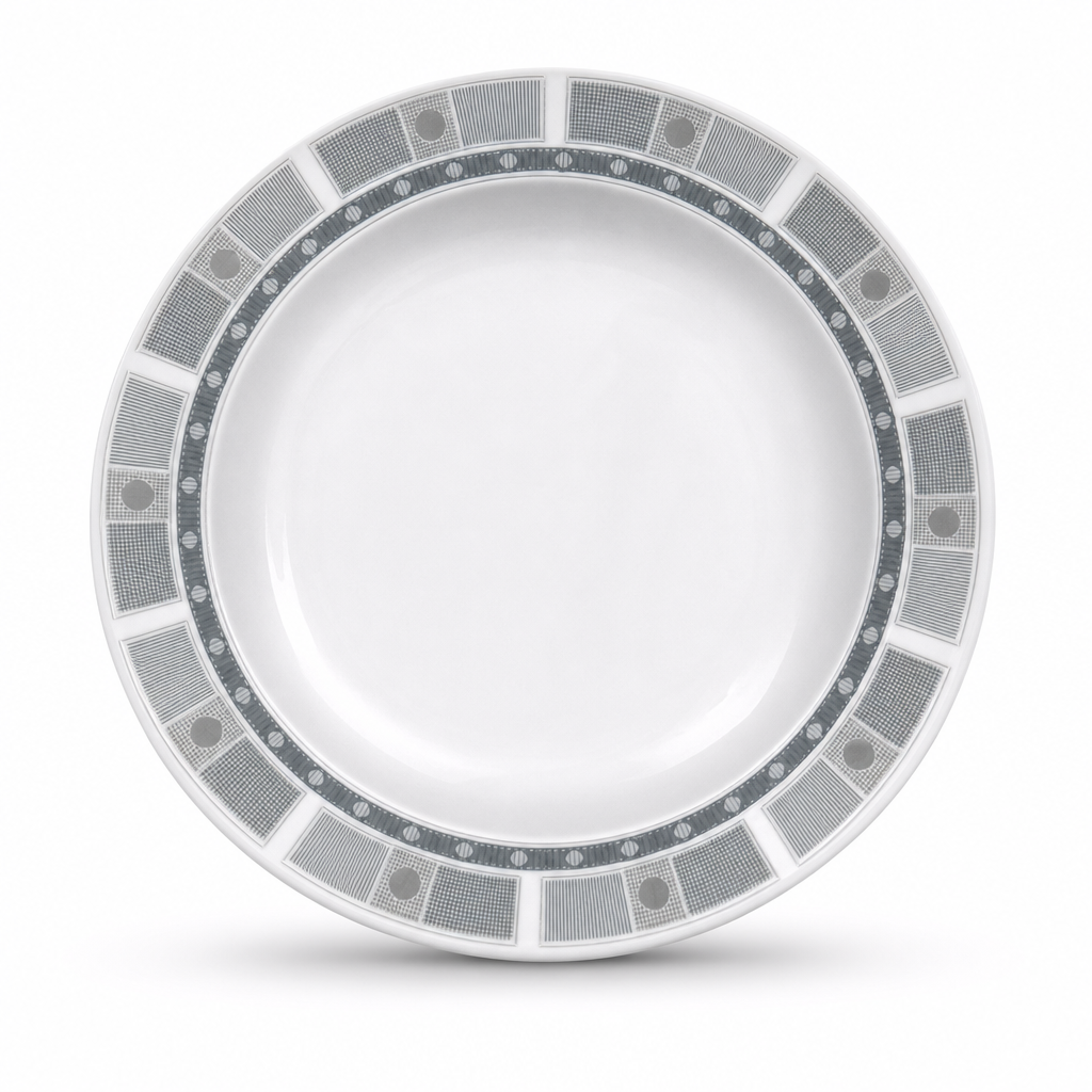 144 Pieces Soup Plate, 6 Inch, Grey With Geometric Border, Round Tablewares For Serving